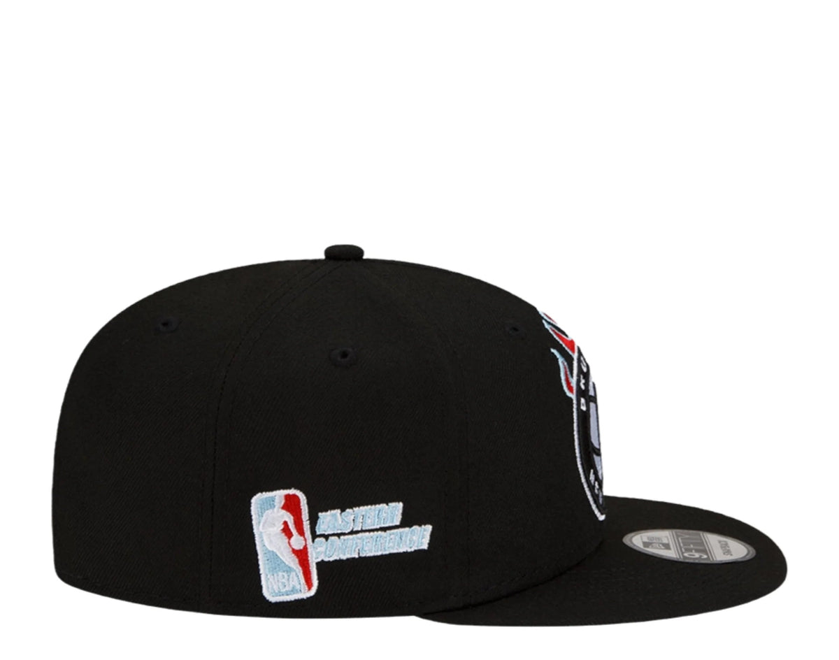 Brooklyn Nets New Era NBA 9FIFTY 950 Snapback Cap Hat Black Crown/Visor White With Flames Logo Sky Blue UV (Team Fire)