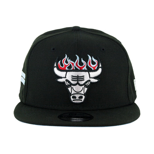 Chicago Bulls New Era NBA 9FIFTY 950 Snapback Cap Hat Black Crown/Visor White With Flames Logo Sky Blur UV (Team Fire)