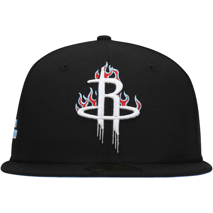 Houston Rockets New Era NBA 9FIFTY 950 Snapback Cap Hat Black Crown/Visor White With Flames Logo Sky Blue UV (Team Fire)