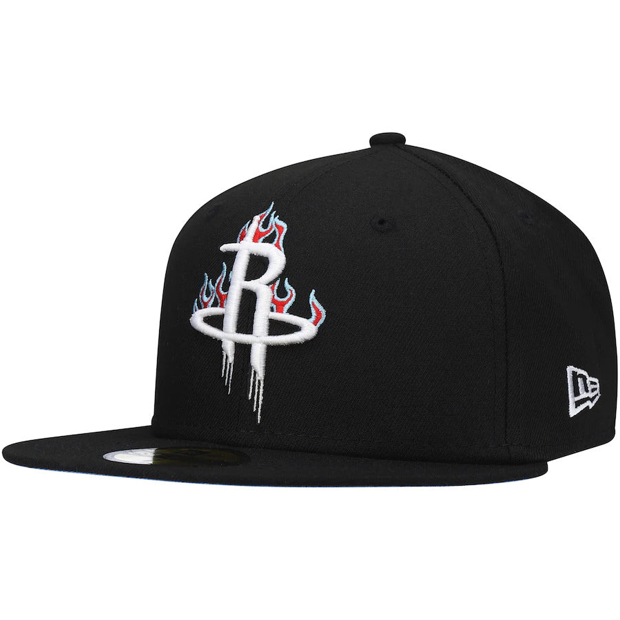 Houston Rockets New Era NBA 9FIFTY 950 Snapback Cap Hat Black Crown/Visor White With Flames Logo Sky Blue UV (Team Fire)