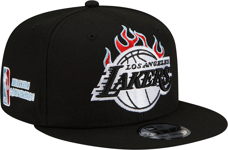 Los Angeles Lakers New Era NBA 9FIFTY 950 Snapback Cap Hat Black Crown/Visor White With Flames Logo Sky Blue UV (Team Fire)