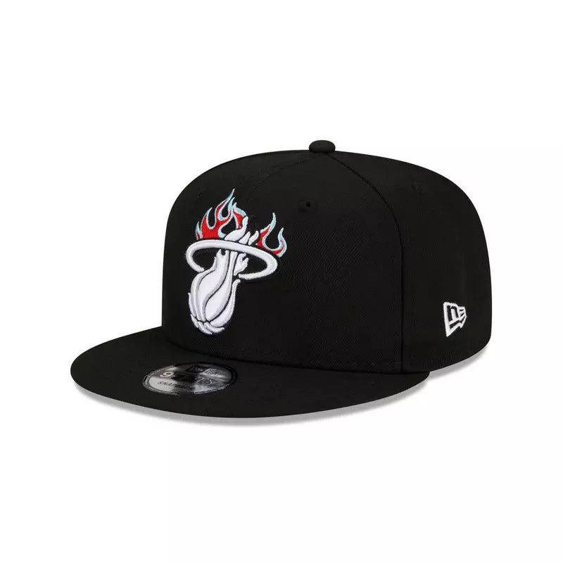 Miami Heat New Era NBA 9FIFTY 950 Snapback Cap Hat Black Crown/Visor White With Flames Logo Sky Blue UV (Team Fire)