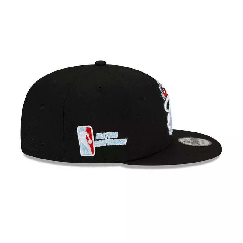 Miami Heat New Era NBA 9FIFTY 950 Snapback Cap Hat Black Crown/Visor White With Flames Logo Sky Blue UV (Team Fire)