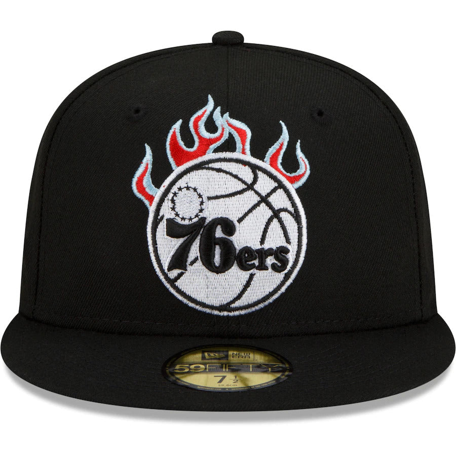 Philadelphia 76ers New Era NBA 9FIFTY 950 Snapback Cap Hat Black Crown/Visor White With Flames Logo Sky Blue UV (Team Fire)