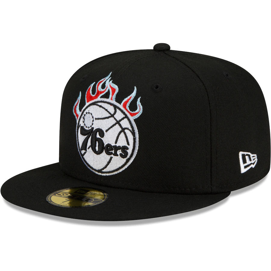 Philadelphia 76ers New Era NBA 9FIFTY 950 Snapback Cap Hat Black Crown/Visor White With Flames Logo Sky Blue UV (Team Fire)