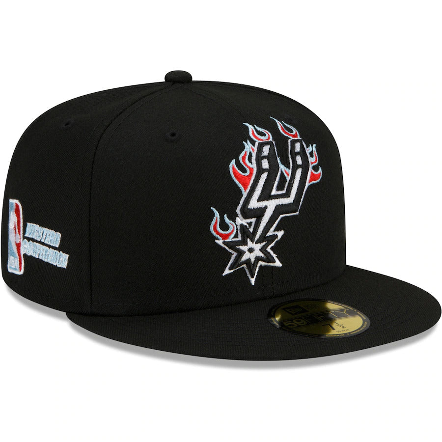 San Antonio Spurs New Era NBA 9FIFTY 950 Snapback Cap Hat Black Crown/Visor White With Flames Logo Sky Blue UV (Team Fire)