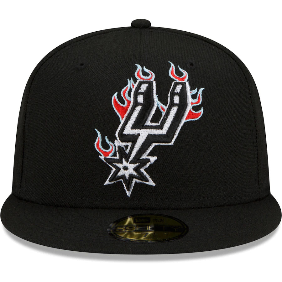 San Antonio Spurs New Era NBA 9FIFTY 950 Snapback Cap Hat Black Crown/Visor White With Flames Logo Sky Blue UV (Team Fire)