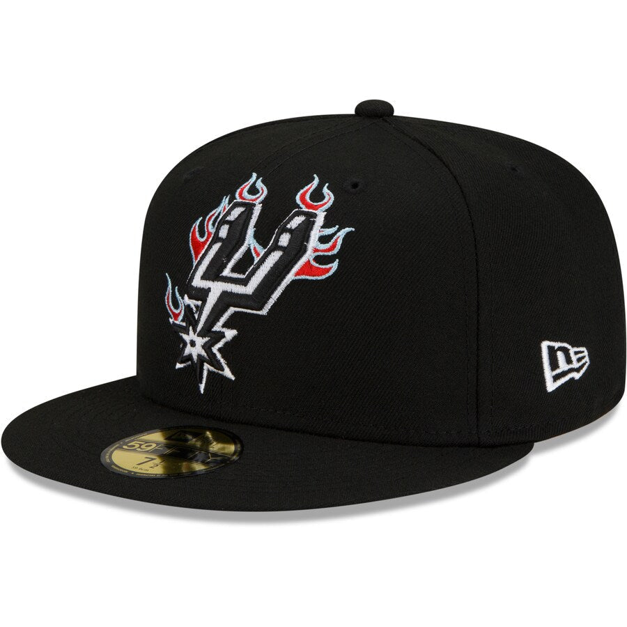 San Antonio Spurs New Era NBA 9FIFTY 950 Snapback Cap Hat Black Crown/Visor White With Flames Logo Sky Blue UV (Team Fire)