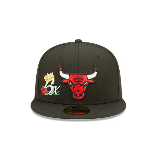 Chicago Bulls New Era NBA 59FIFTY 5950 Fitted Cap Hat Black Crown/Visor Team Color Logo 6x Crown Rose (Crown Champs)