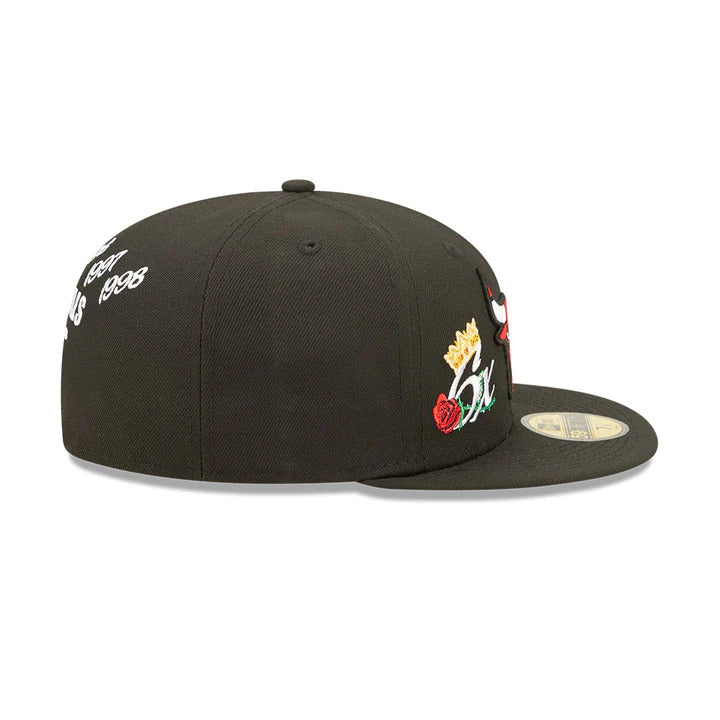 Chicago Bulls New Era NBA 59FIFTY 5950 Fitted Cap Hat Black Crown/Visor Team Color Logo 6x Crown Rose (Crown Champs)