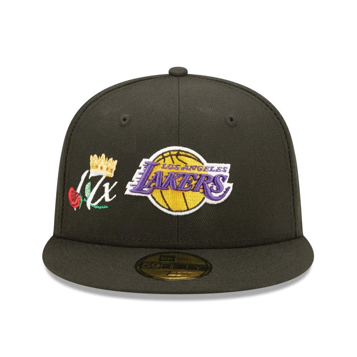 Los Angeles Lakers New Era NBA 59FIFTY 5950 Fitted Cap Hat Black Crown/Visor Team Color Logo 17x Crown Rose (Crown Champs)