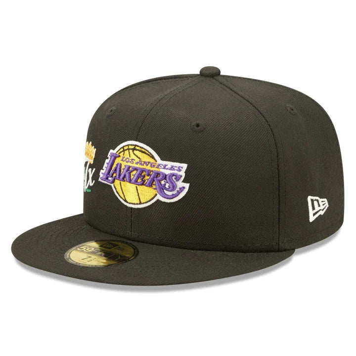 Los Angeles Lakers New Era NBA 59FIFTY 5950 Fitted Cap Hat Black Crown/Visor Team Color Logo 17x Crown Rose (Crown Champs)