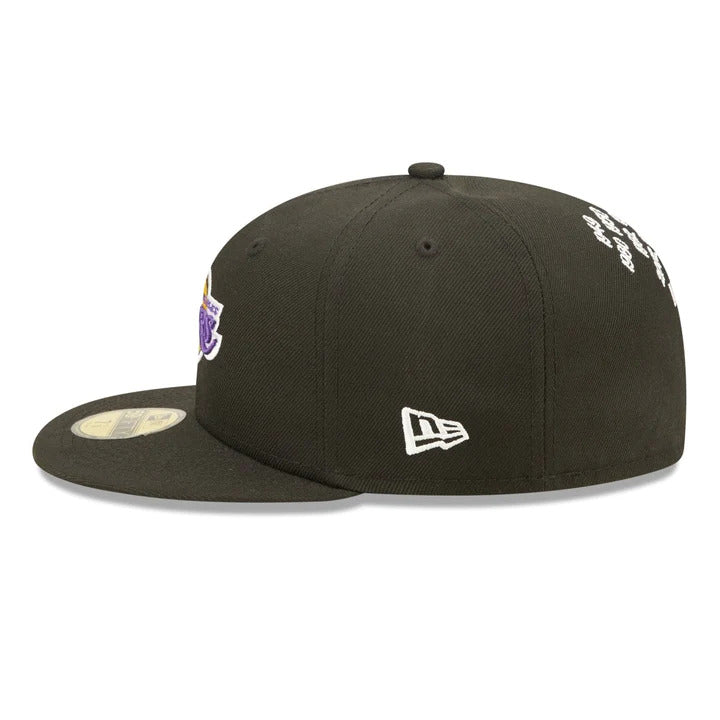 Los Angeles Lakers New Era NBA 59FIFTY 5950 Fitted Cap Hat Black Crown/Visor Team Color Logo 17x Crown Rose (Crown Champs)