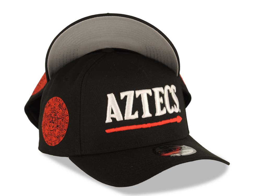 San Diego State Aztecs New Era NCAA 9FORTY 940 Adjustable A-Frame Cap Hat Black Crown/Visor White/Red Logo Aztec Calendar Side Patch Gray UV