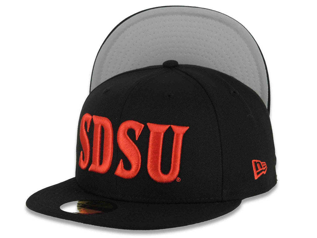 San Diego State Aztecs New Era NCAA 59FIFTY 5950 Fitted Cap Hat Black Crown/Visor Red Text/Script Logo Gray UV