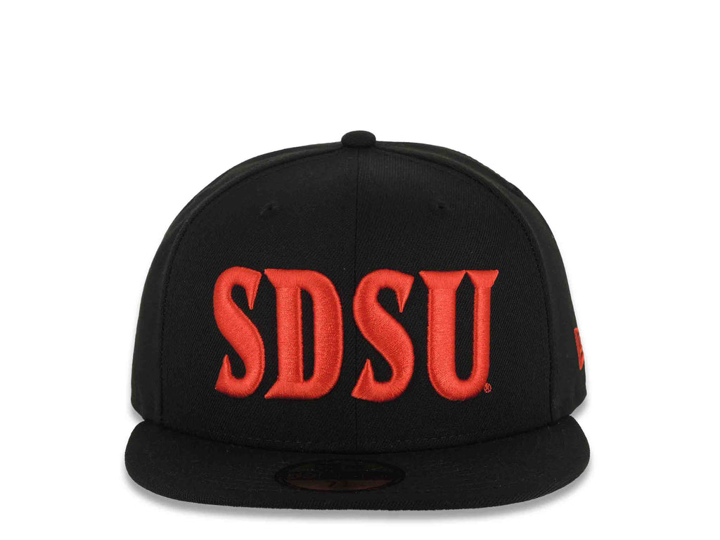 San Diego State Aztecs New Era NCAA 59FIFTY 5950 Fitted Cap Hat Black Crown/Visor Red Text/Script Logo Gray UV