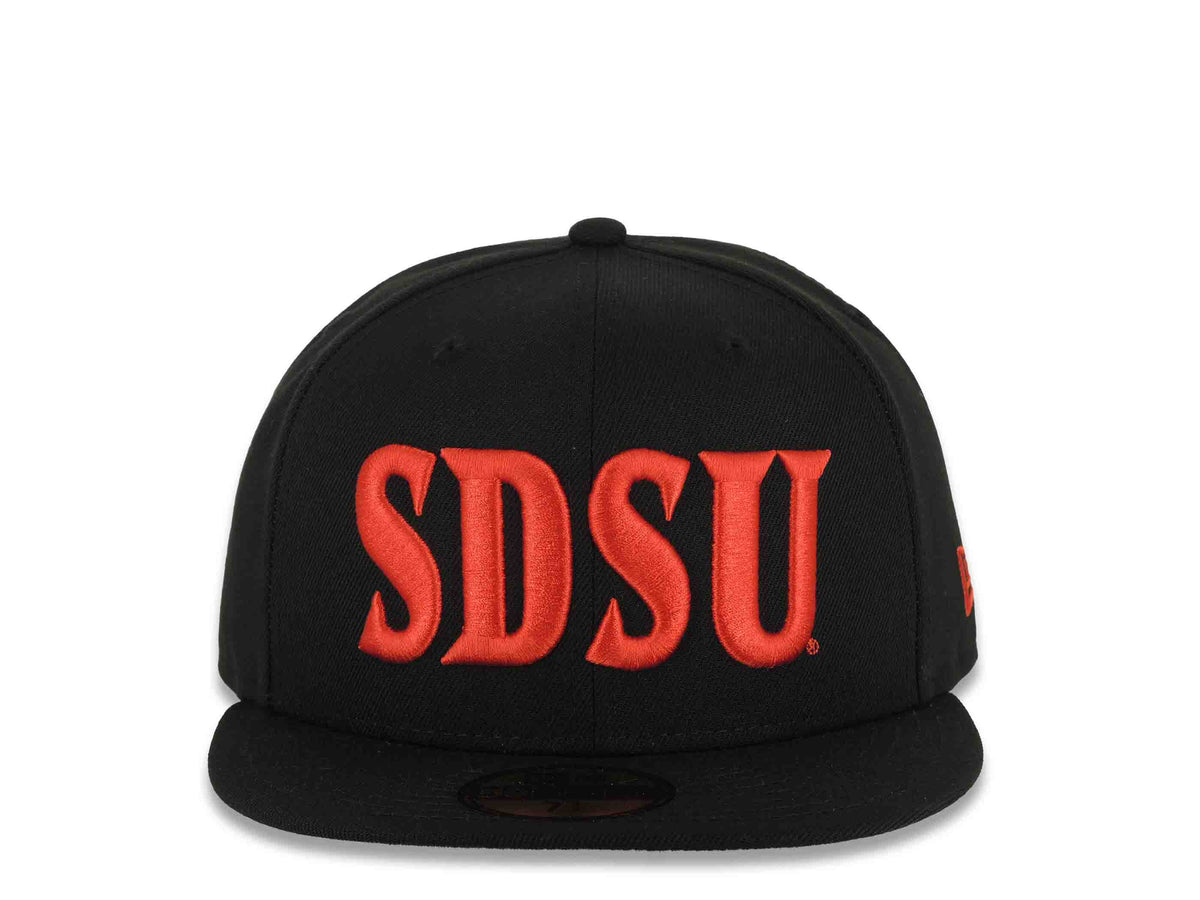 San Diego State Aztecs New Era NCAA 59FIFTY 5950 Fitted Cap Hat Black Crown/Visor Red Text/Script Logo Gray UV