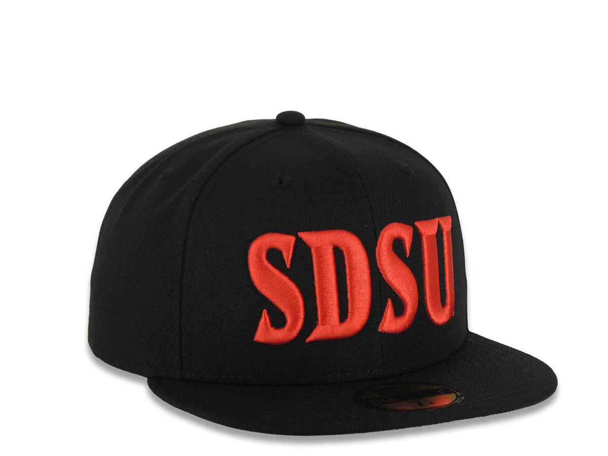 San Diego State Aztecs New Era NCAA 59FIFTY 5950 Fitted Cap Hat Black Crown/Visor Red Text/Script Logo Gray UV