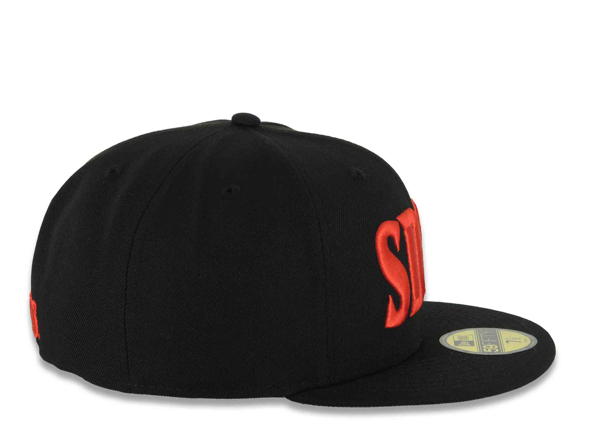 San Diego State Aztecs New Era NCAA 59FIFTY 5950 Fitted Cap Hat Black Crown/Visor Red Text/Script Logo Gray UV