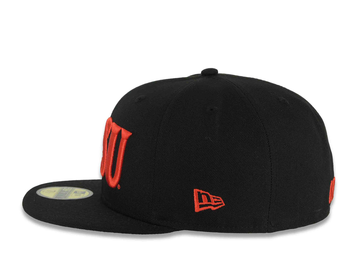 San Diego State Aztecs New Era NCAA 59FIFTY 5950 Fitted Cap Hat Black Crown/Visor Red Text/Script Logo Gray UV
