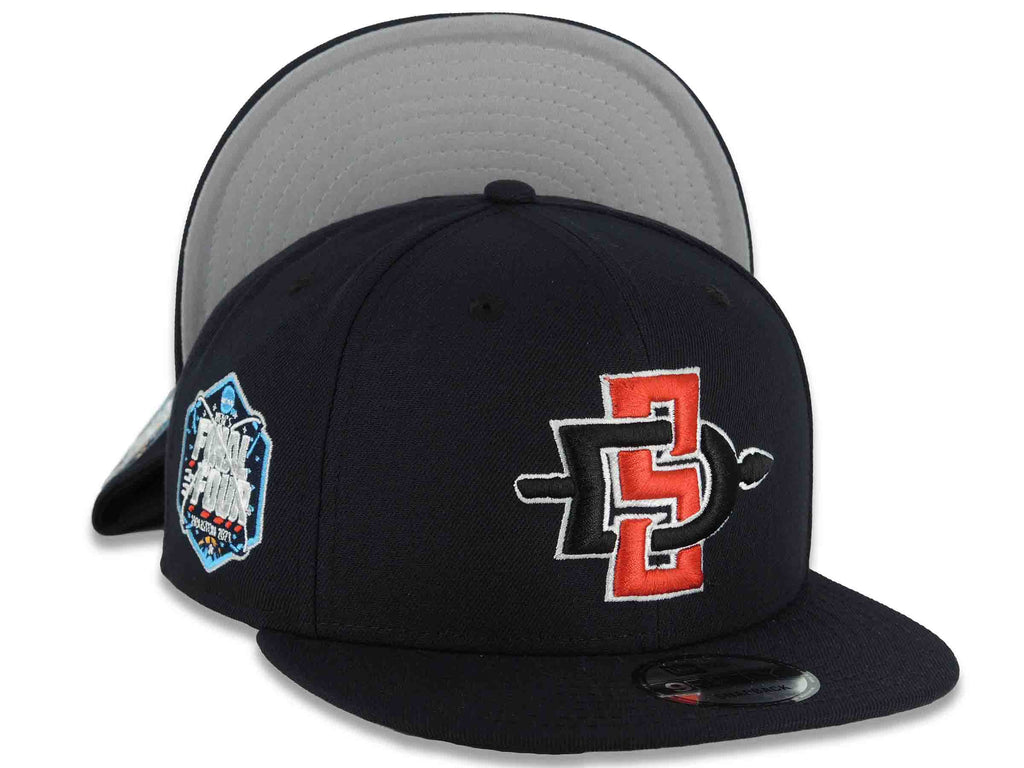 San Diego State Aztecs New Era NCAA 9FIFTY 950 Snapback Cap Hat Black Crown/Visor Team Color Logo 2023 Final Four Houston Side Patch Gray UV