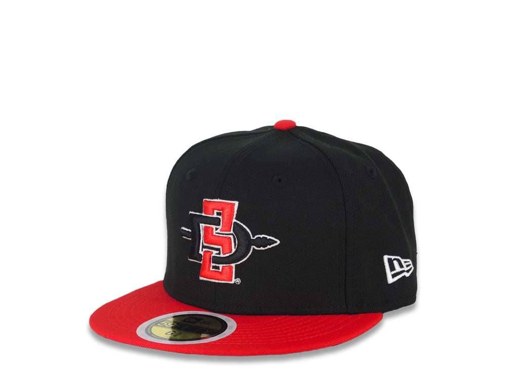(Youth) San Diego State Aztecs New Era NCAA 59FIFTY 5950 Kid Fitted Cap Hat Black Crown Red Visor Team Color Logo