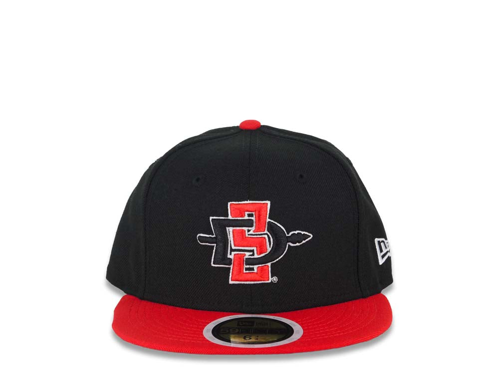 (Youth) San Diego State Aztecs New Era NCAA 59FIFTY 5950 Kid Fitted Cap Hat Black Crown Red Visor Team Color Logo