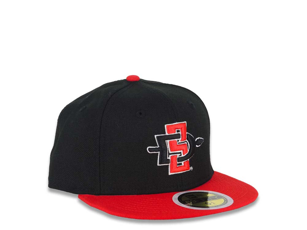 (Youth) San Diego State Aztecs New Era NCAA 59FIFTY 5950 Kid Fitted Cap Hat Black Crown Red Visor Team Color Logo