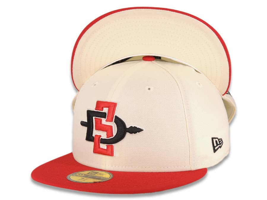 San Diego State Aztecs New Era NCAA 59FIFTY 5950 Fitted Cap Hat Cream Crown Red Visor Black/Red Logo Cream UV