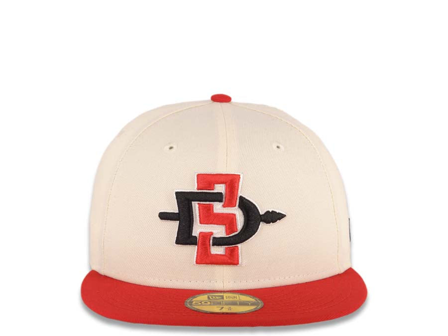 San Diego State Aztecs New Era NCAA 59FIFTY 5950 Fitted Cap Hat Cream Crown Red Visor Black/Red Logo Cream UV