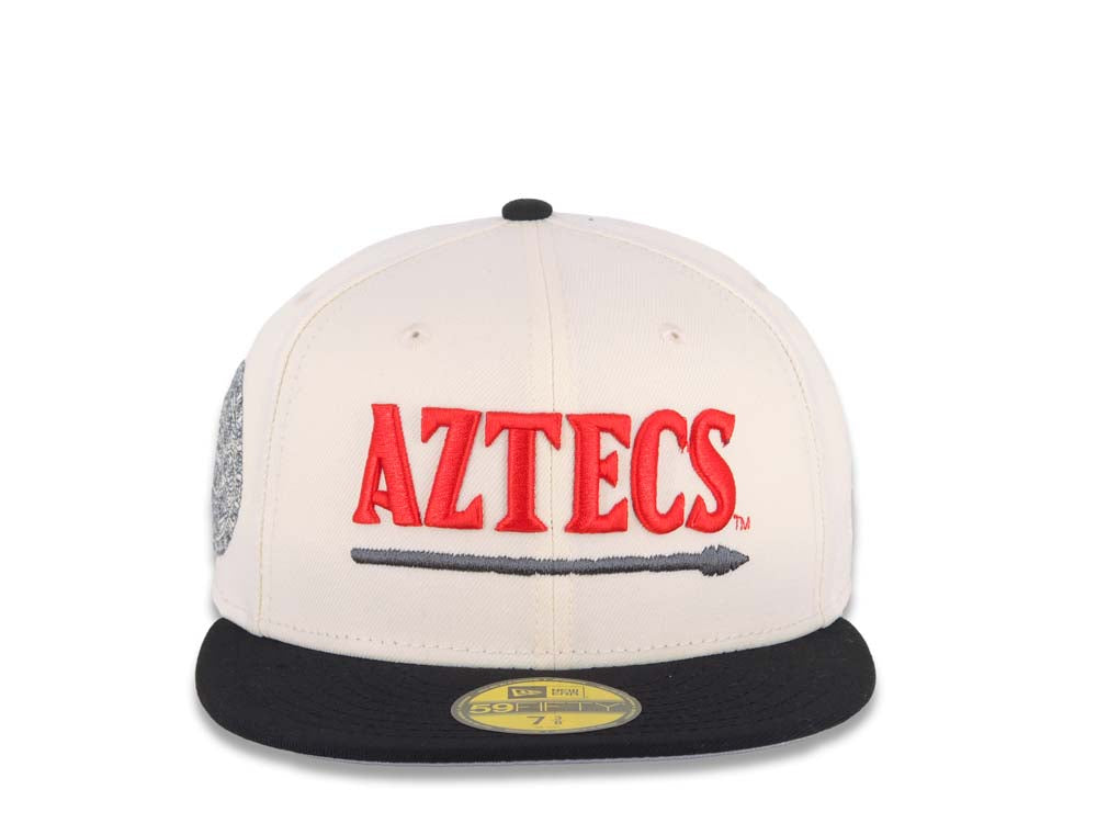 San Diego State Aztecs New Era NCAA 59FIFTY 5950 Fitted Cap Hat Cream Crown Black Visor Red/Black Text Logo Aztec Calendar Side Patch