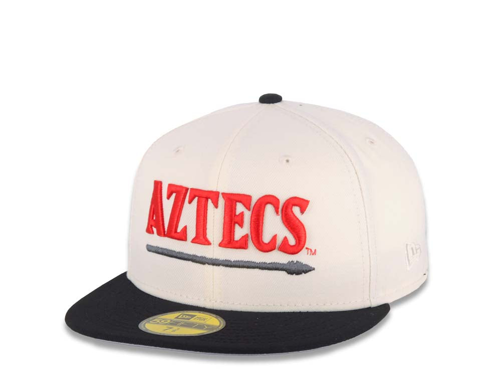 San Diego State Aztecs New Era NCAA 59FIFTY 5950 Fitted Cap Hat Cream Crown Black Visor Red/Black Text Logo Aztec Calendar Side Patch