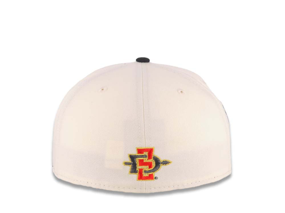 San Diego State Aztecs New Era NCAA 59FIFTY 5950 Fitted Cap Hat Cream Crown Black Visor Red/Black Text Logo Aztec Calendar Side Patch