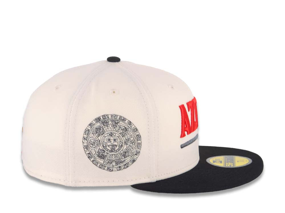 San Diego State Aztecs New Era NCAA 59FIFTY 5950 Fitted Cap Hat Cream Crown Black Visor Red/Black Text Logo Aztec Calendar Side Patch