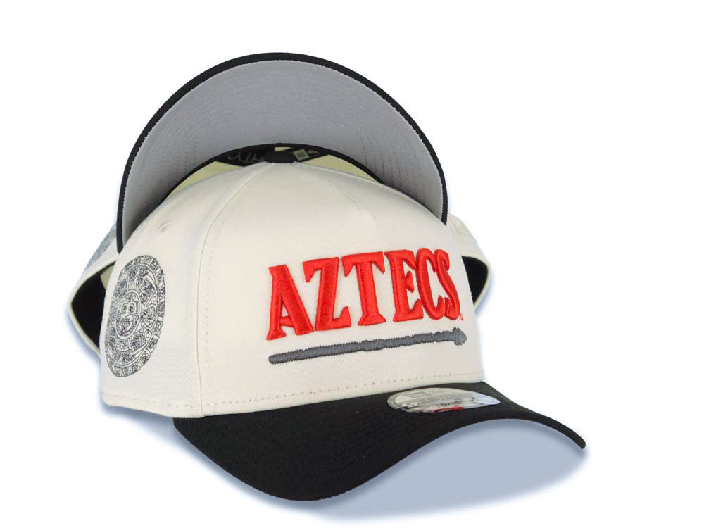 San Diego State Aztec New Era 9FORTY 940 Adjustable A-Frame Cap Hat Cream Crown Black Visor Red Logo Aztec Calendar Side Patch