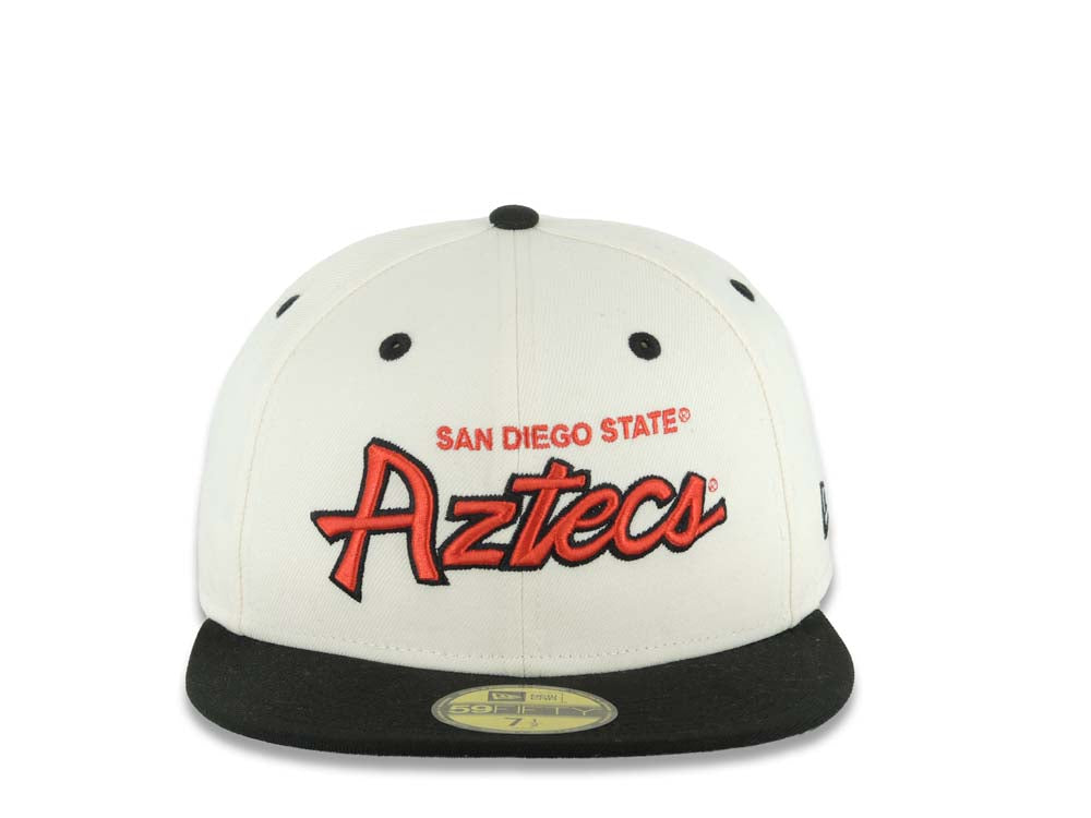 San Diego State Aztecs New Era NCAA 59FIFTY 5950 Fitted Cap Hat Cream Crown Black Visor Red/Black Text/Script Logo Green UV