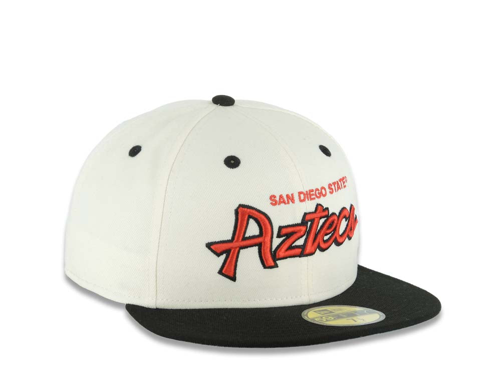 San Diego State Aztecs New Era NCAA 59FIFTY 5950 Fitted Cap Hat Cream Crown Black Visor Red/Black Text/Script Logo Green UV