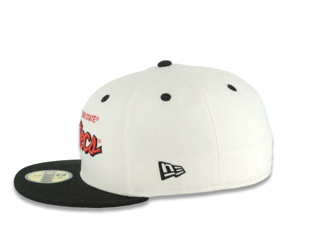 San Diego State Aztecs New Era NCAA 59FIFTY 5950 Fitted Cap Hat Cream Crown Black Visor Red/Black Text/Script Logo Green UV