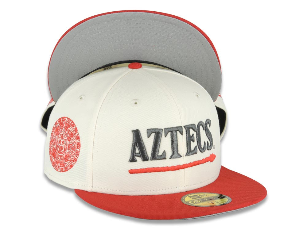 San Diego State Aztecs New Era NCAA 59FIFTY 5950 Fitted Cap Hat Cream Crown Red Visor Metallic Red/Black Logo Aztec Calendar Side Patch