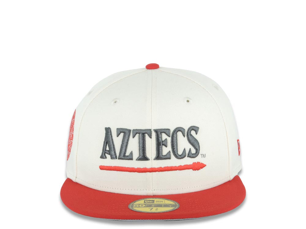 San Diego State Aztecs New Era NCAA 59FIFTY 5950 Fitted Cap Hat Cream Crown Red Visor Metallic Red/Black Logo Aztec Calendar Side Patch