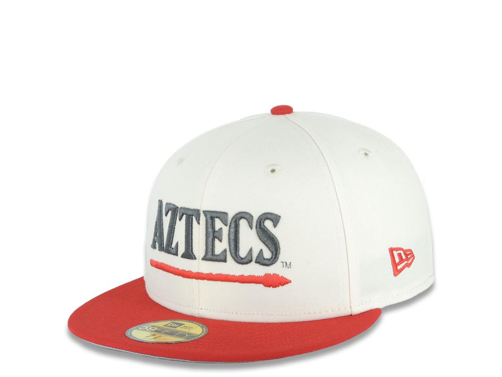San Diego State Aztecs New Era NCAA 59FIFTY 5950 Fitted Cap Hat Cream Crown Red Visor Metallic Red/Black Logo Aztec Calendar Side Patch