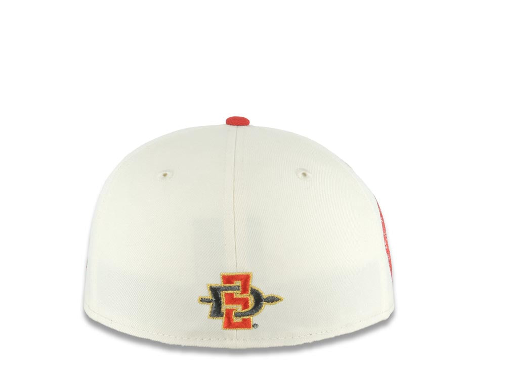 San Diego State Aztecs New Era NCAA 59FIFTY 5950 Fitted Cap Hat Cream Crown Red Visor Metallic Red/Black Logo Aztec Calendar Side Patch