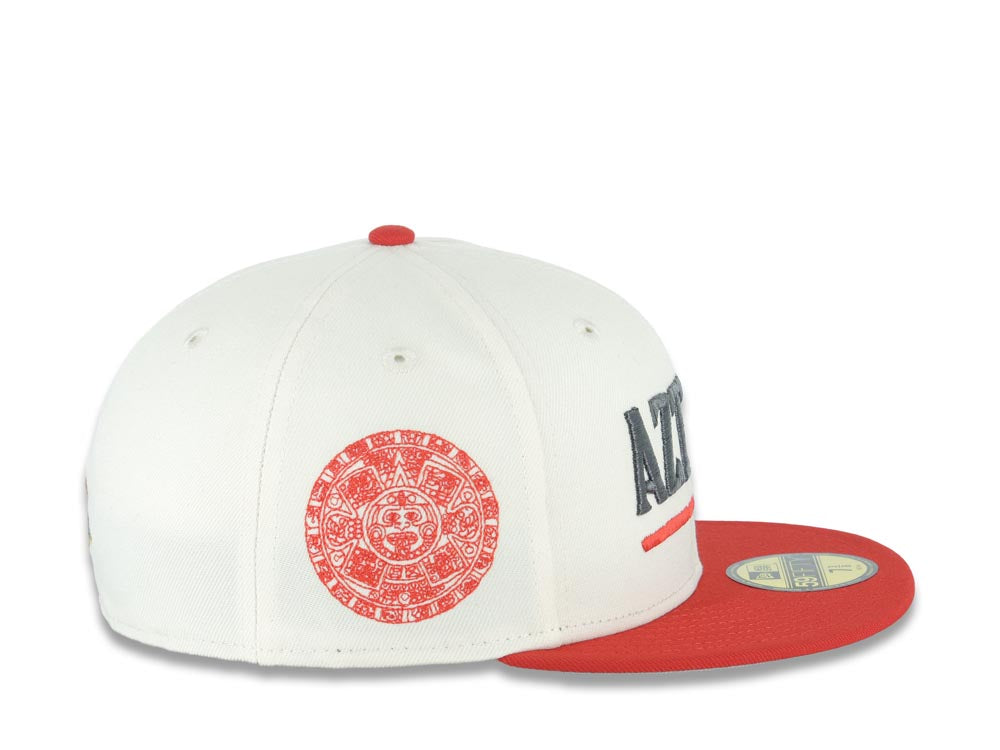 San Diego State Aztecs New Era NCAA 59FIFTY 5950 Fitted Cap Hat Cream Crown Red Visor Metallic Red/Black Logo Aztec Calendar Side Patch