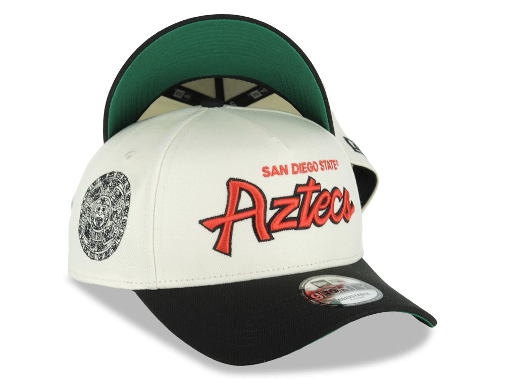 San Diego State Aztecs New Era NCAA  9FORTY 940 Adjustable A-Frame Cap Hat Cream Crown Black Visor Red/Black Text/Script Logo Aztec Calendar Side Patch Green UV