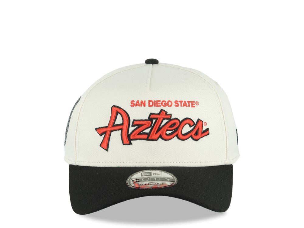 San Diego State Aztecs New Era NCAA  9FORTY 940 Adjustable A-Frame Cap Hat Cream Crown Black Visor Red/Black Text/Script Logo Aztec Calendar Side Patch Green UV