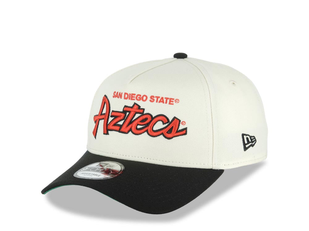 San Diego State Aztecs New Era NCAA  9FORTY 940 Adjustable A-Frame Cap Hat Cream Crown Black Visor Red/Black Text/Script Logo Aztec Calendar Side Patch Green UV