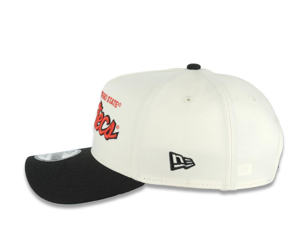 San Diego State Aztecs New Era NCAA  9FORTY 940 Adjustable A-Frame Cap Hat Cream Crown Black Visor Red/Black Text/Script Logo Aztec Calendar Side Patch Green UV