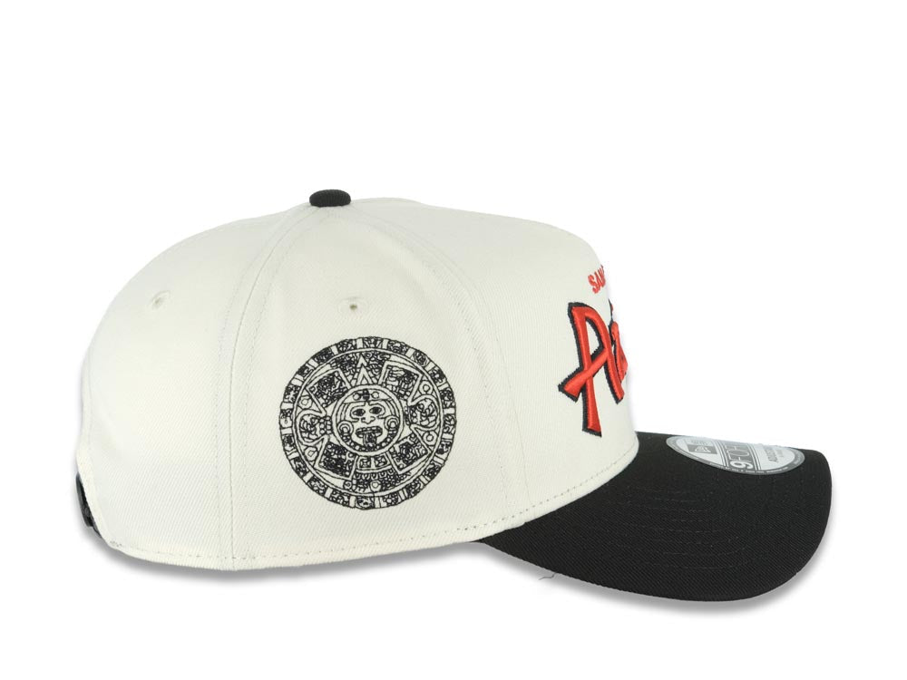 San Diego State Aztecs New Era NCAA  9FORTY 940 Adjustable A-Frame Cap Hat Cream Crown Black Visor Red/Black Text/Script Logo Aztec Calendar Side Patch Green UV