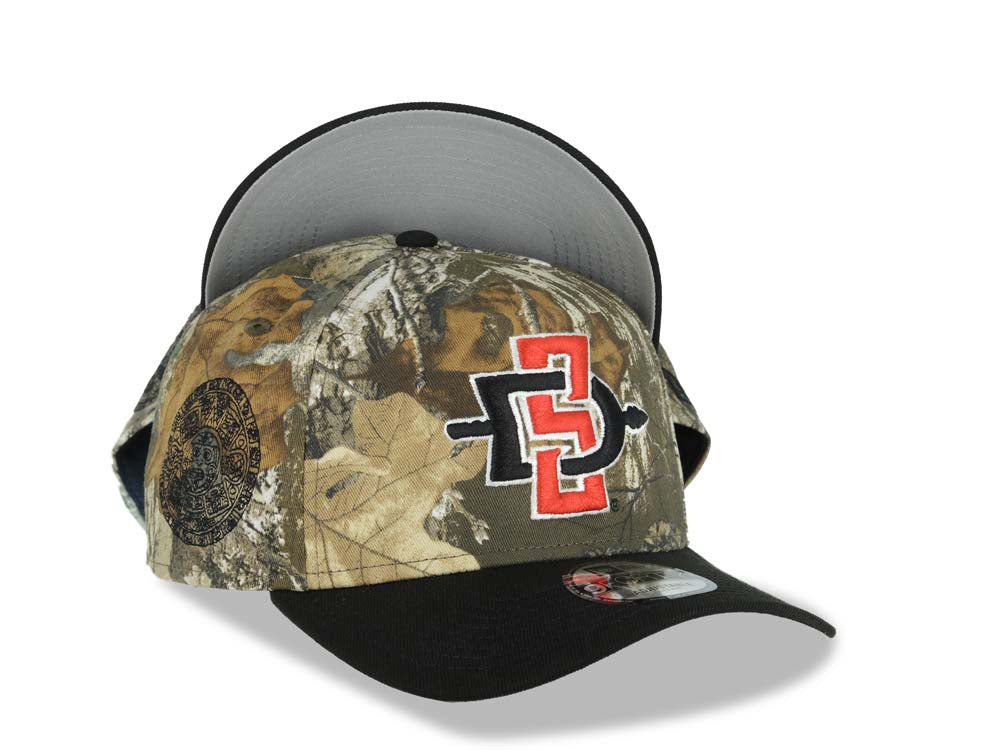 San Diego State Aztecs New Era NCAA 9FORTY 940 Adjustable A-Frame Cap Hat Real Tree Edge Camo Crown Black Visor Team Color Logo Aztec Calendar Side Patch