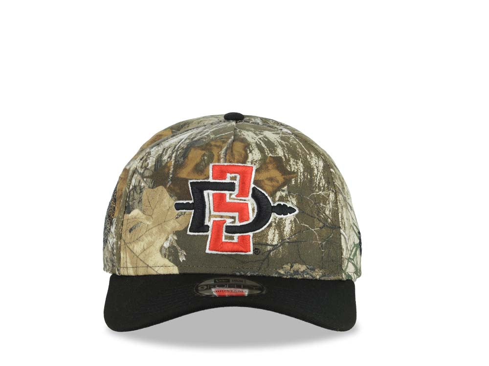 San Diego State Aztecs New Era NCAA 9FORTY 940 Adjustable A-Frame Cap Hat Real Tree Edge Camo Crown Black Visor Team Color Logo Aztec Calendar Side Patch